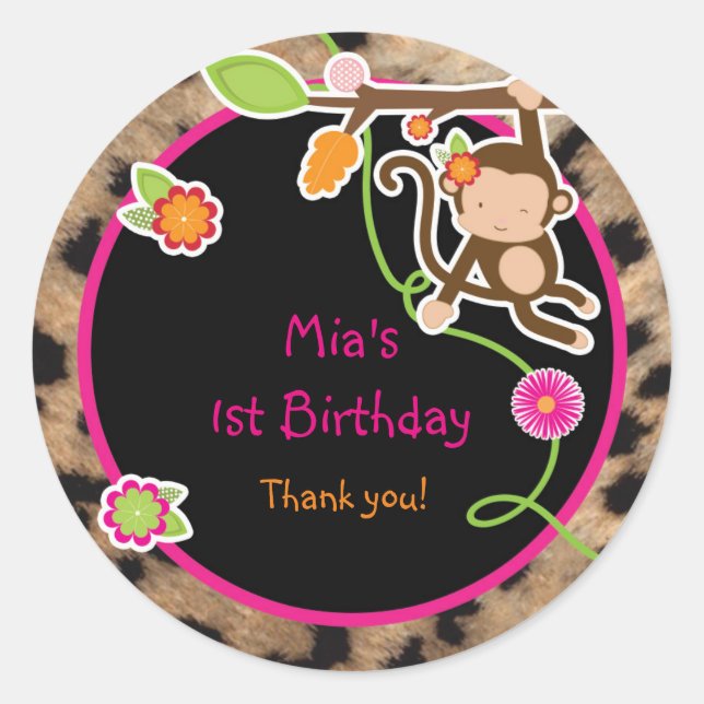 Girl Monkey Jungle Safari Chic Favor Sticker (Front)