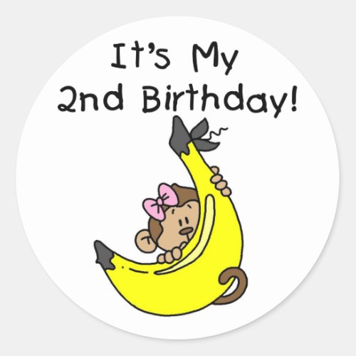 Girl Monkey on Banana 2nd Birthday Tshirts Classic Round Sticker