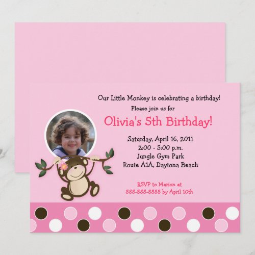 Pink Monkey Play *PHOTO* Birthday 5x7 Custom Announcement