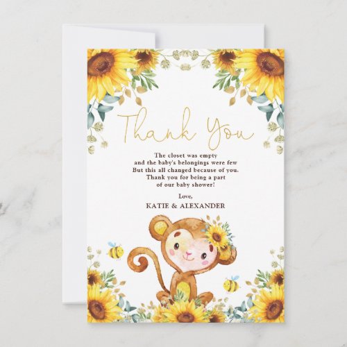 Girl Monkey Summer Sunflower Garden Baby Shower Thank You Card