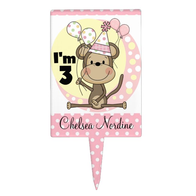 Girl Monkey With Balloons 3rd Birthday Cake Topper (Front)