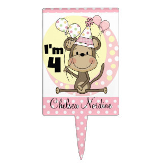 Girl Monkey With Balloons 4th Birthday Cake Topper