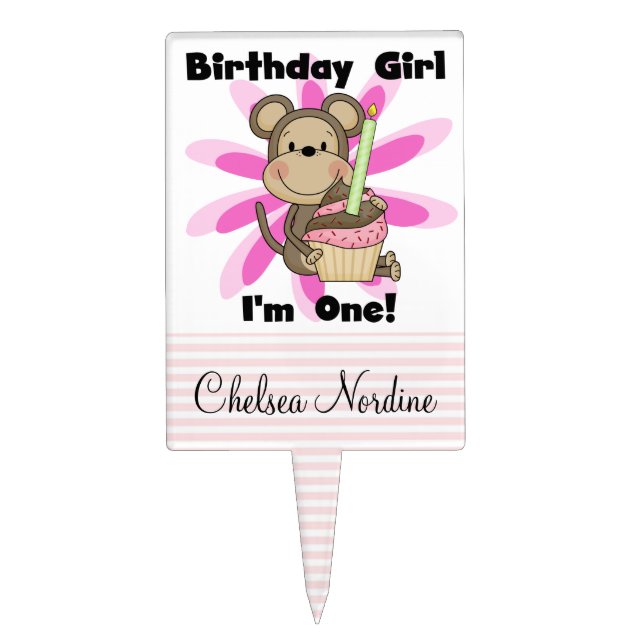 Girl Monkey With Cupcake 1st Birthday Cake Topper (Front)