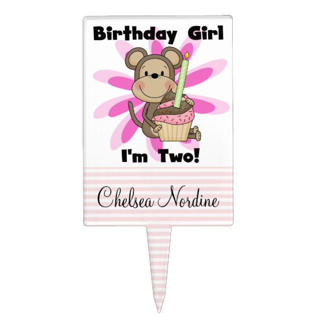 Girl Monkey With Cupcake 2nd Birthday Cake Topper (Front)