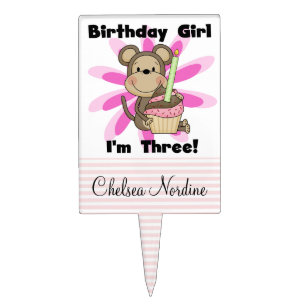 Girl Monkey With Cupcake 3rd Birthday Cake Topper