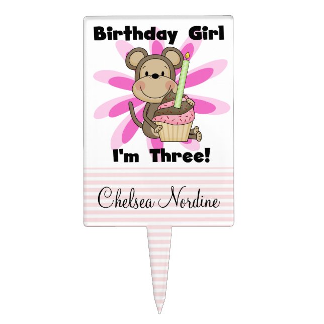Girl Monkey With Cupcake 3rd Birthday Cake Topper (Front)