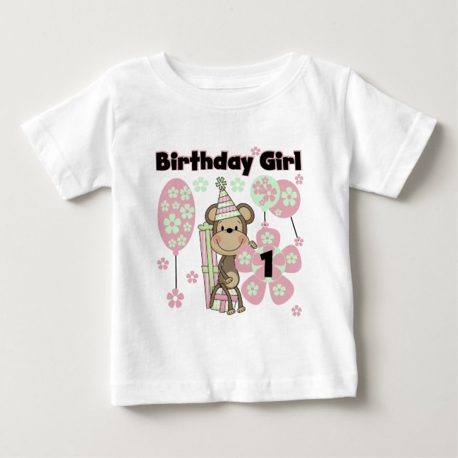 Girl Monkey With Gifts 1st Birthday Tshirts (Front)