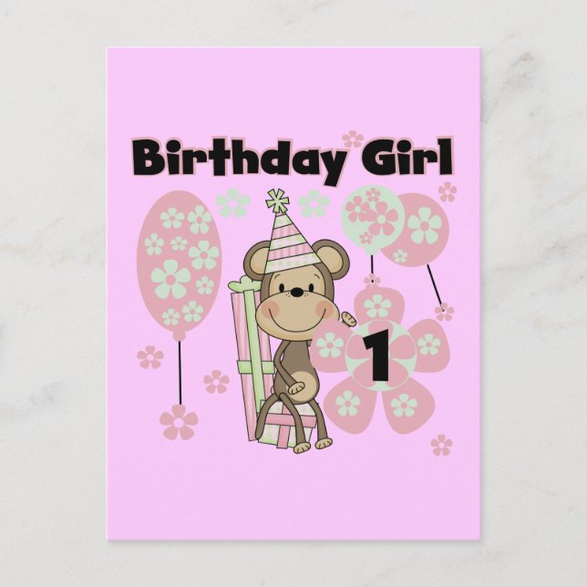 Girl Monkey With Gifts 1st Birthday Tshirts Postcard (Front)