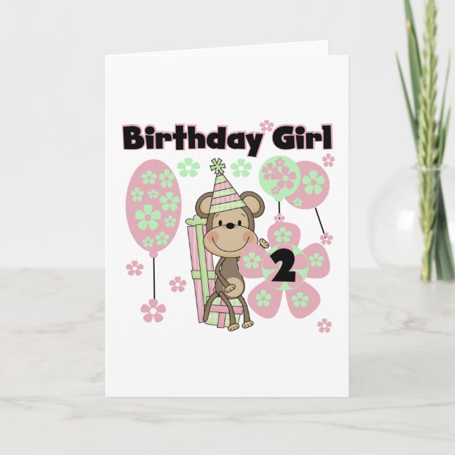 Girl Monkey With Gifts 2nd Birthday Tshirts Card (Front)