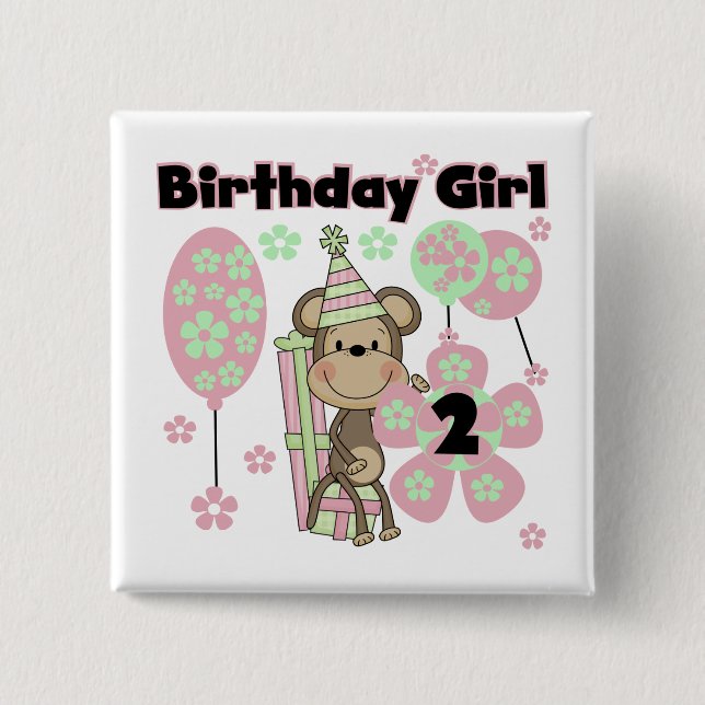 Girl Monkey With Gifts 2nd Birthday Tshirts Pinback Button (Front)