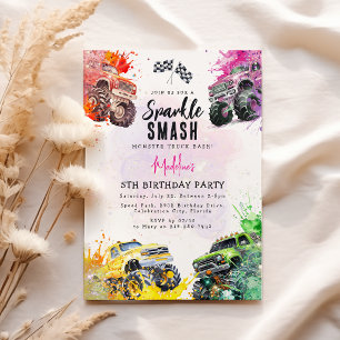 Girl Monster Truck Sparkle Birthday Party Invitation
