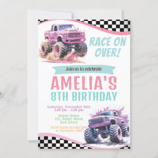 Girl Monster Trucks Birthday Invitation. Race on Invitation