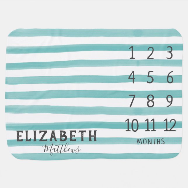 Girl Monthly Milestone Modern Stylish Teal Stripe Baby Blanket (Horizontal)