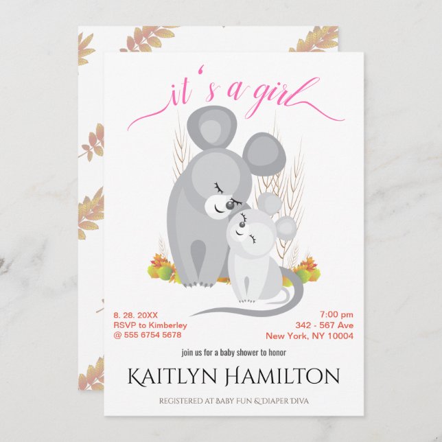 Girl Mouse Mother Baby Shower Mice Woodland Maple Invitation (Front/Back)