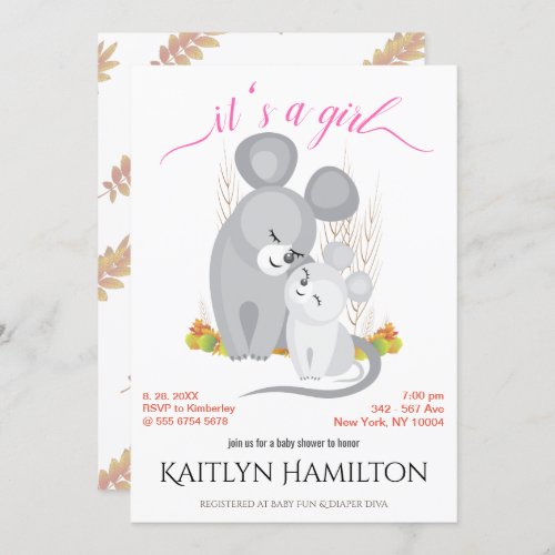 Girl Mouse Mother Baby Shower Mice Woodland Maple Invitation