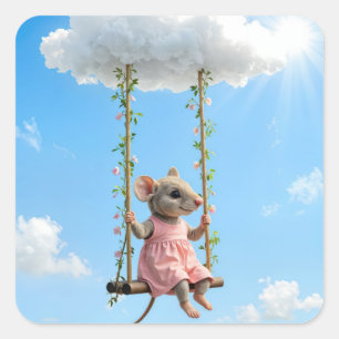 Girl Mouse On a Summer Swing Square Sticker