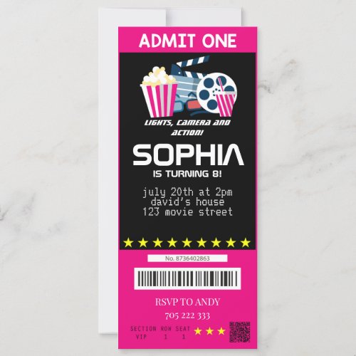 Girl Movie Party Movie Tickets Pink Birthday Invitation