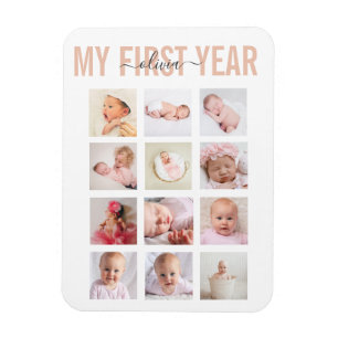 Girl My First Year Baby Name 12 Photo Collage   Magnet