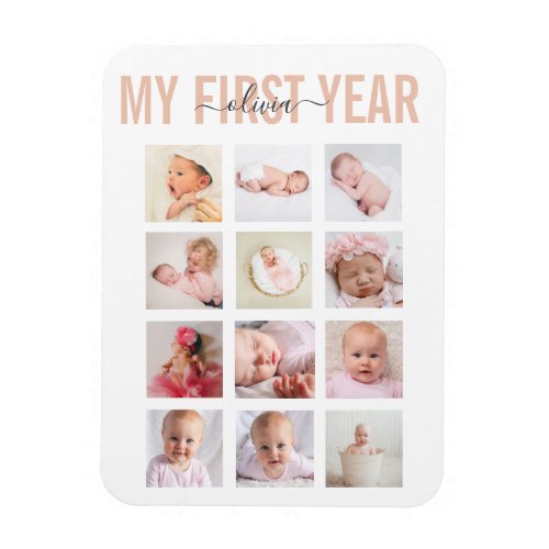 Girl My First Year Baby Name 12 Photo Collage   Magnet