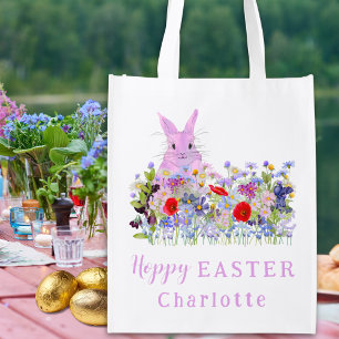 Girl Name Easter Egg Hunt Pink Bunny Floral Budget Grocery Bag