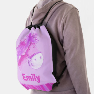 Girl name Emily pink purple pony horse Drawstring Bag