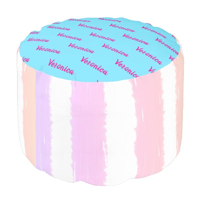 Girl Name Pink White Purple Stripes Pouf (Angled Back)