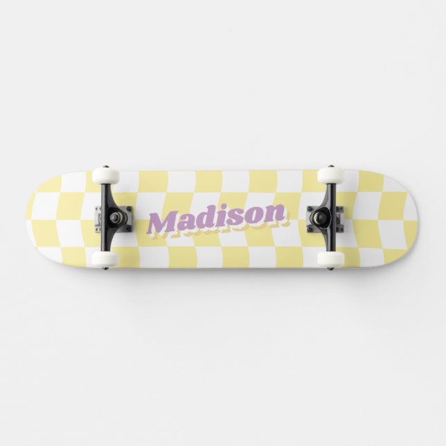 Girl Name Yellow White Checker Pattern Retro Skateboard (Horz)
