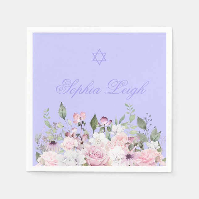Girl Naming Jewish Purple Floral Napkins (Front)