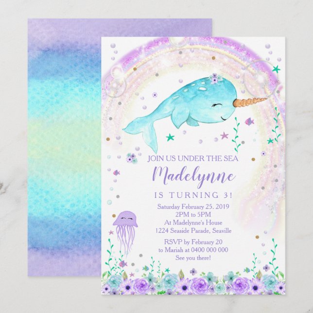 Girl Narwhal Invitation (Front/Back)