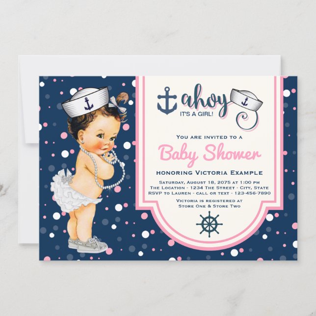 Girl Nautical Baby Shower Pink Navy Blue Nautical Invitation (Front)