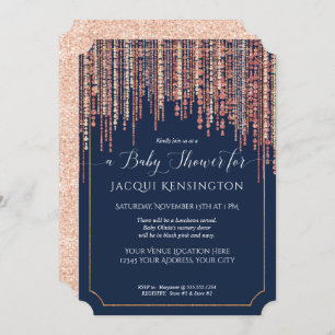 Girl Navy Fringe Rose Gold Glitter Baby Shower Invitation