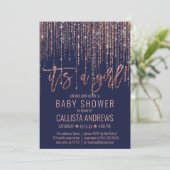 Girl Navy Rose Gold Glitter Fringe Baby Shower Invitation (Standing Front)