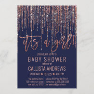 Girl Navy Rose Gold Glitter Fringe Baby Shower Invitation