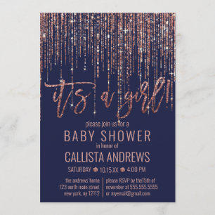 Girl Navy Rose Gold Glitter Fringe Baby Shower Invitation