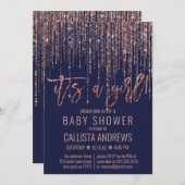 Girl Navy Rose Gold Glitter Fringe Baby Shower Invitation (Front/Back)