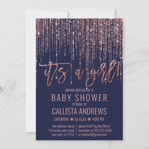 Girl Navy Rose Gold Glitter Fringe Baby Shower Invitation