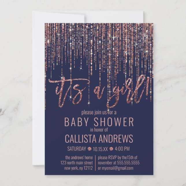 Girl Navy Rose Gold Glitter Fringe Baby Shower Invitation (Front)