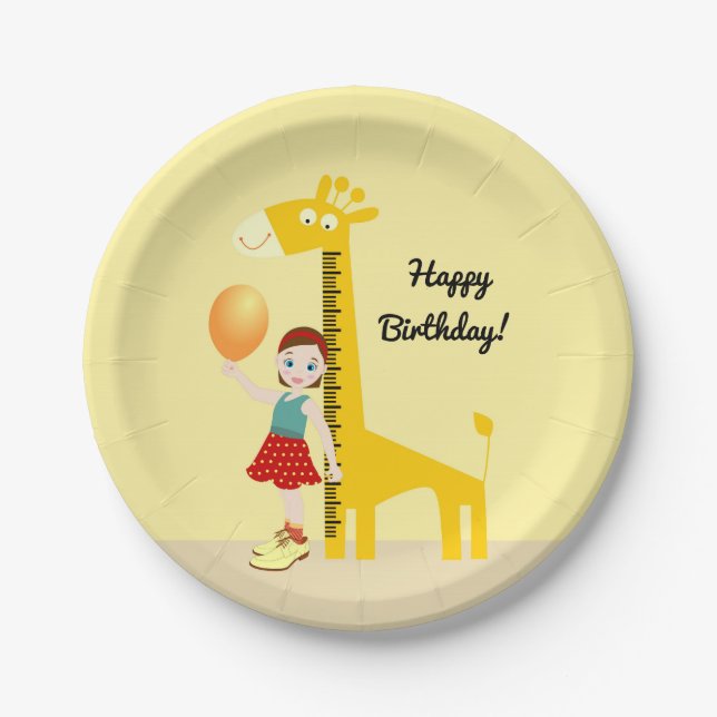 Girl near giraffe ruler Birthday Party Paper Plates (Front)