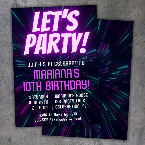 Girl Neon Purple Pink Birthday Party Invitation