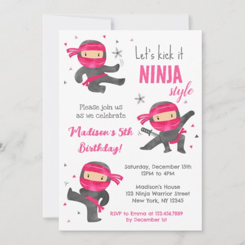 Girl Ninja Karate Birthday Party Invitations
