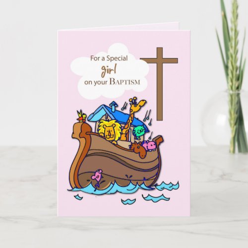 Girl Noahs Ark Baptism Cute Animals Card