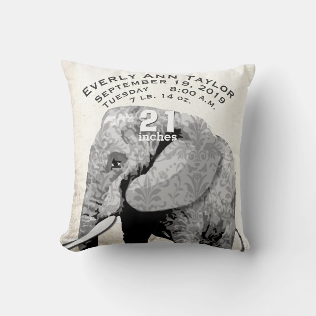 Girl Nursery Baby Birth Stat Elephant Arrows Throw Pillow (Front)