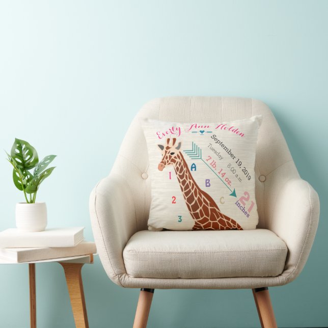 Girl Nursery Baby Birth Stat Giraffe Arrow Pattern Throw Pillow (Chair)