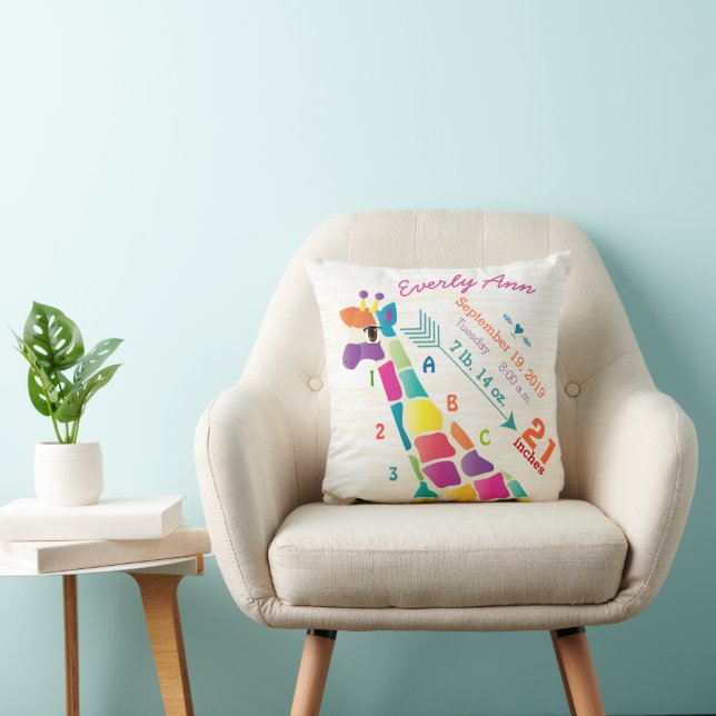 Girl Nursery Baby Birth Stat Giraffe Arrow Pattern Throw Pillow (Chair)