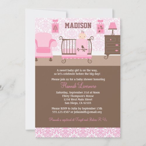 Girl Nursery Baby Shower invitation Pink Brown