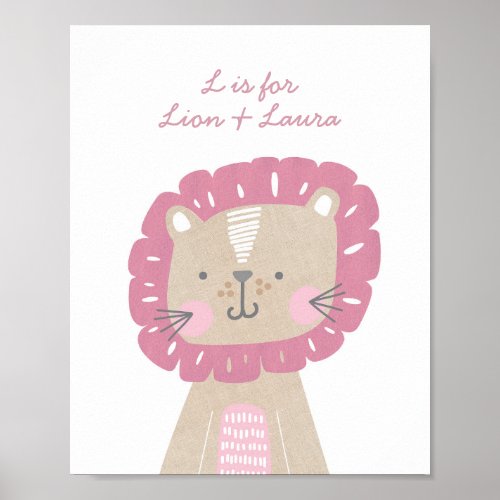 Girl Nursery Letter L Pink Lion Monogram Name Poster