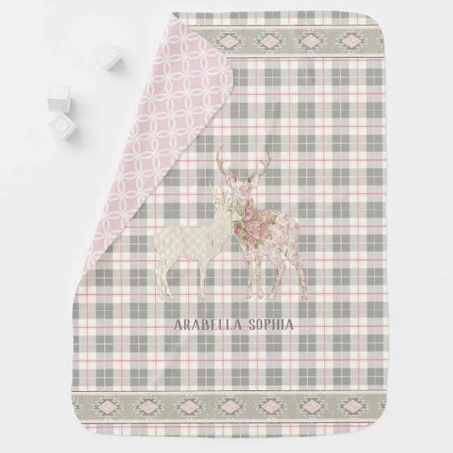 Girl Nursery Woodsy Boho Floral Deer Plaid Check Stroller Blanket (In Situ)