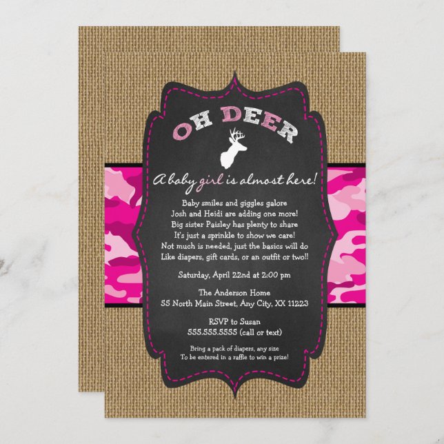 GIRL Oh Deer Buck Baby Sprinkle with camo Invitation (Front/Back)