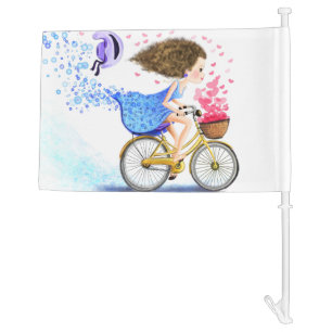 Girl On A Bike Car Flag Gift Romantic Love Hearts