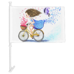 Girl On A Bike Car Flag Romantic Love Hearts